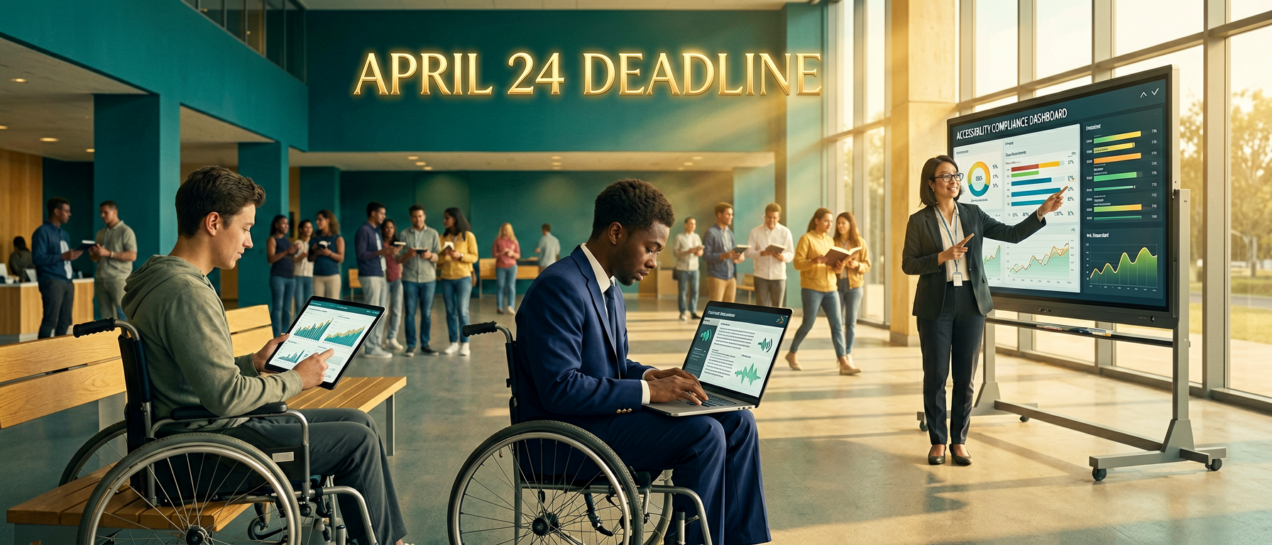 Diverse campus community engaging with digital accessibility tools and compliance