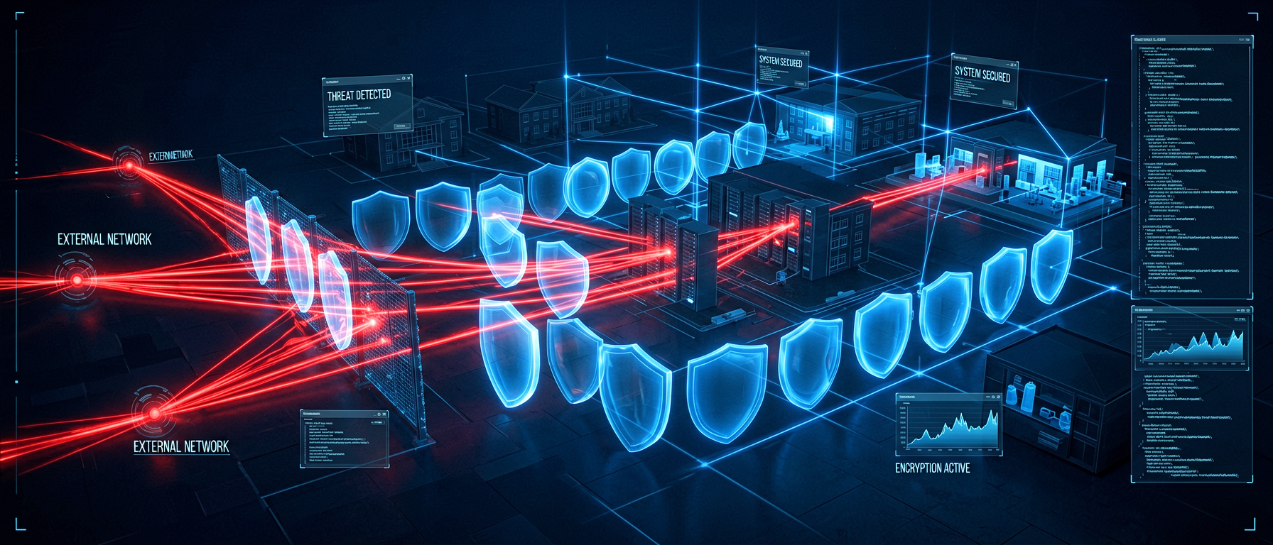 Network security topology showing penetration testing pathways and defenses