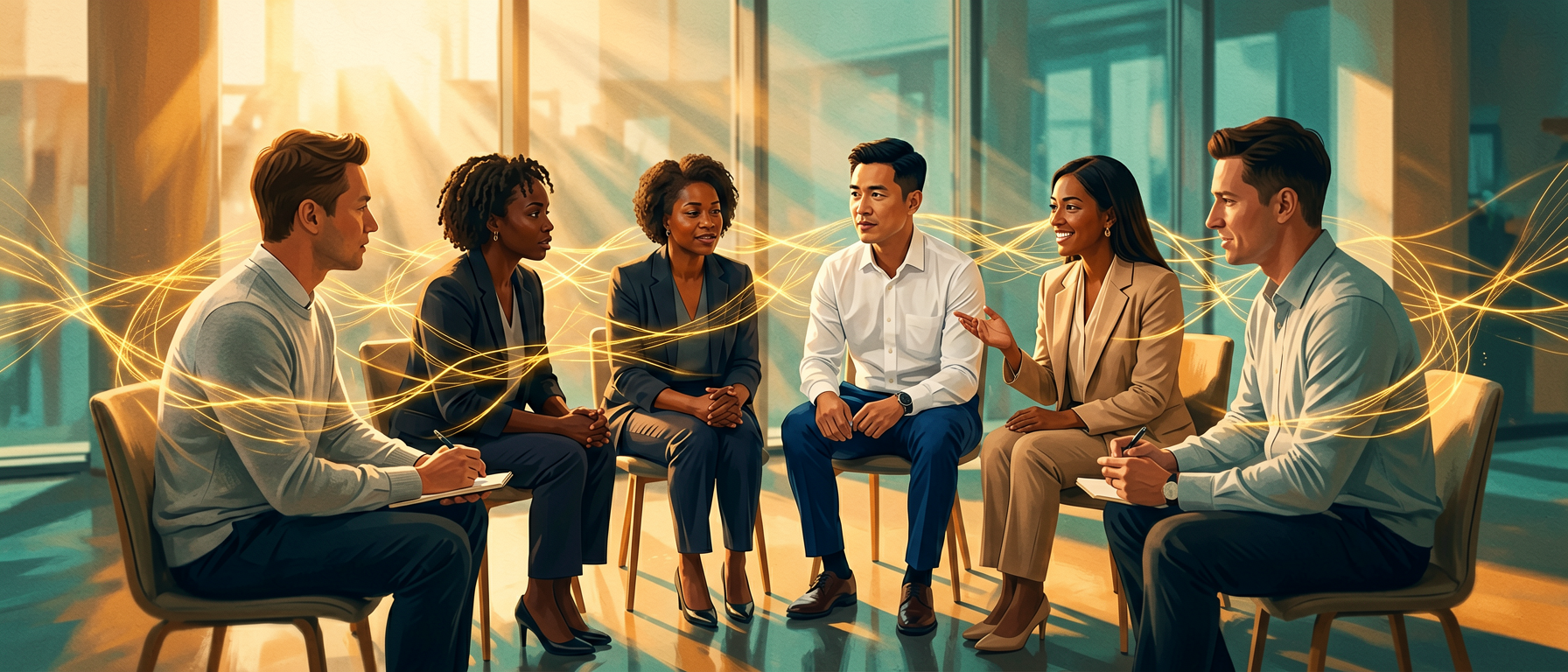 Diverse circle of professionals engaged in peer coaching