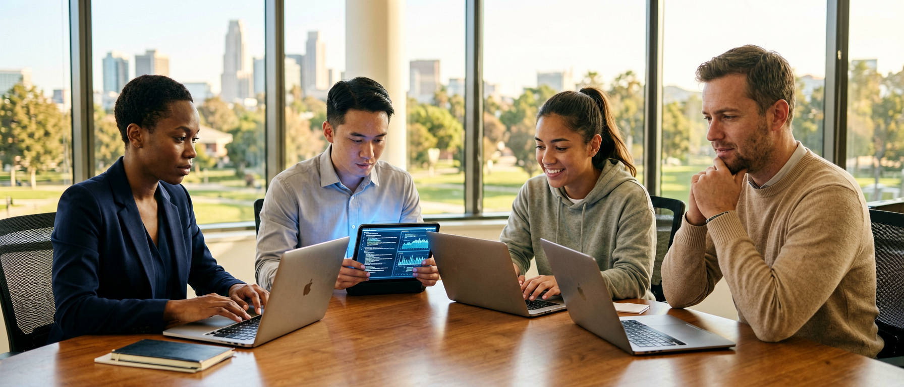 Vibrant diverse California college campus with faculty, staff, and students all learning AI together