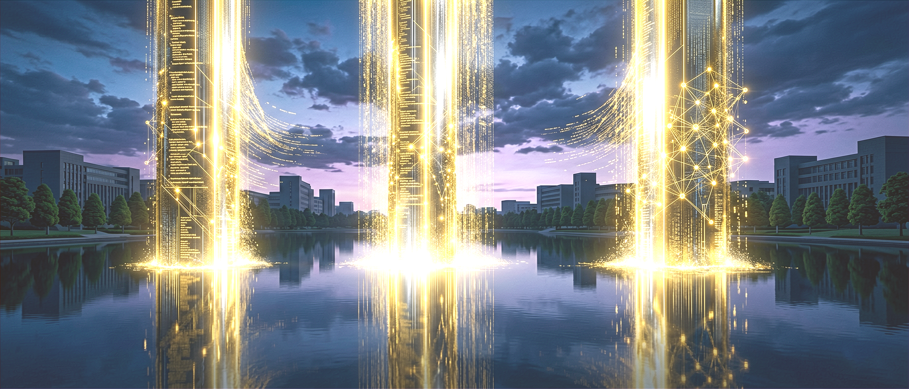 Abstract visualization of data streams converging into a unified data strategy