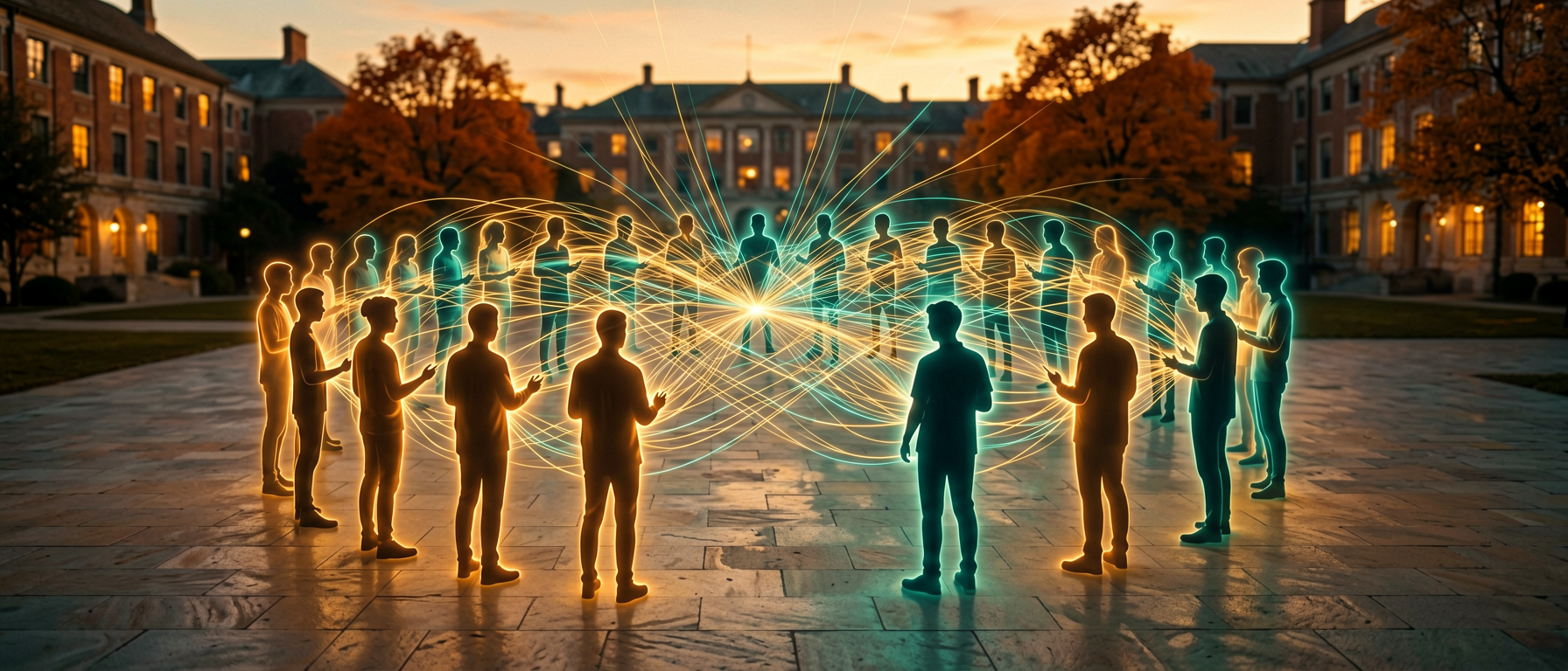 Abstract visualization of a staff community of practice collaborating around AI